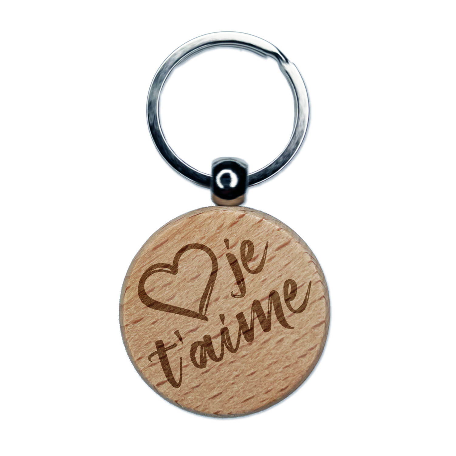 I Love You in French Je T'aime Heart Engraved Wood Round Keychain Tag Charm