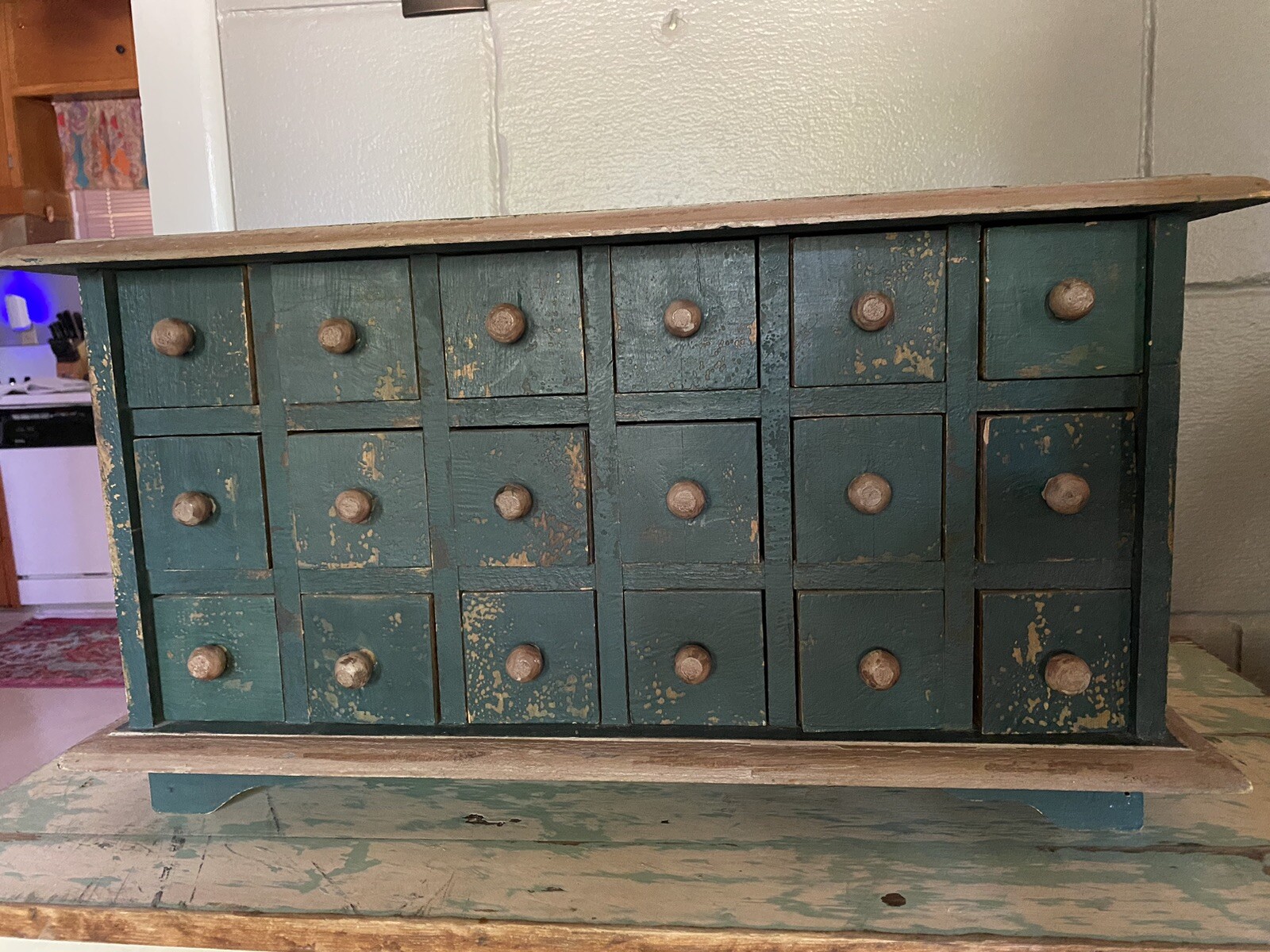 Antique apothecary 18 drawer wood cabinet tool box green vintage
