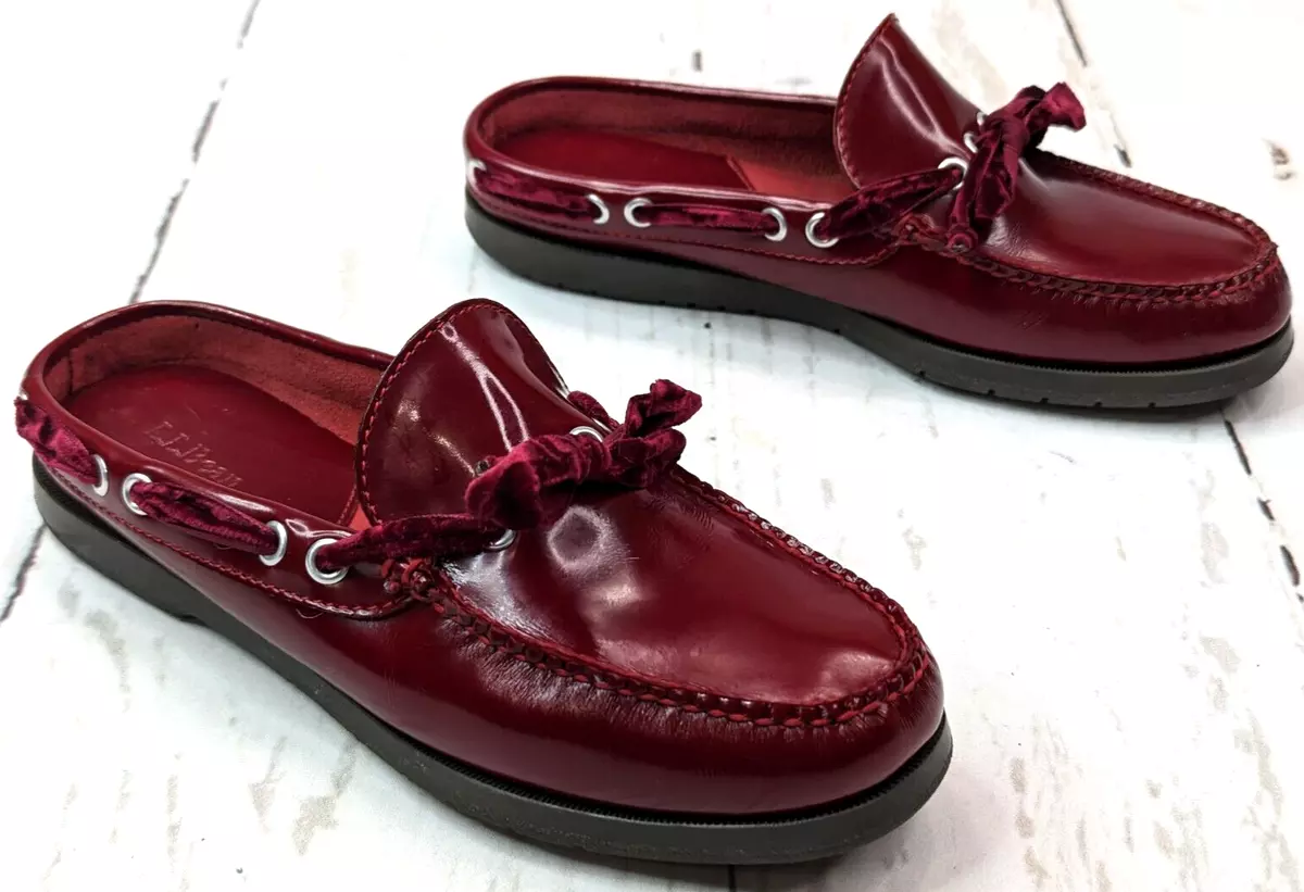 LL Bean Red Leather Loafer Mule Boat Deck Slide Shoe Women Sz 7.5