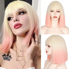 Fashion Short Straight Bob Wig Ombre White Blonde Pink with Bangs Synthetic Hair