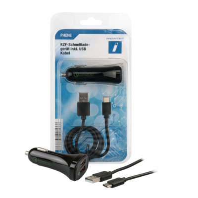 Ladegerät KFZ 12V 2xUSB Qualcomm Quick Charge 3.0+USB-C Kabel 