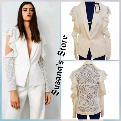 NWT BCBGMAXAZRIA SIZE S OFF WHITE ABEL COULD-SHOULDER LACE BLAZER RND4J701