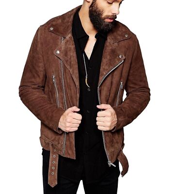 Lambskin Brown Handmade Motorcycle Men's Leather Genuine Suede Jacket Designer