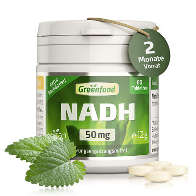NADH, 50 mg echtes NADH, extra hochdosiert, 60 Tabletten. Vegan.