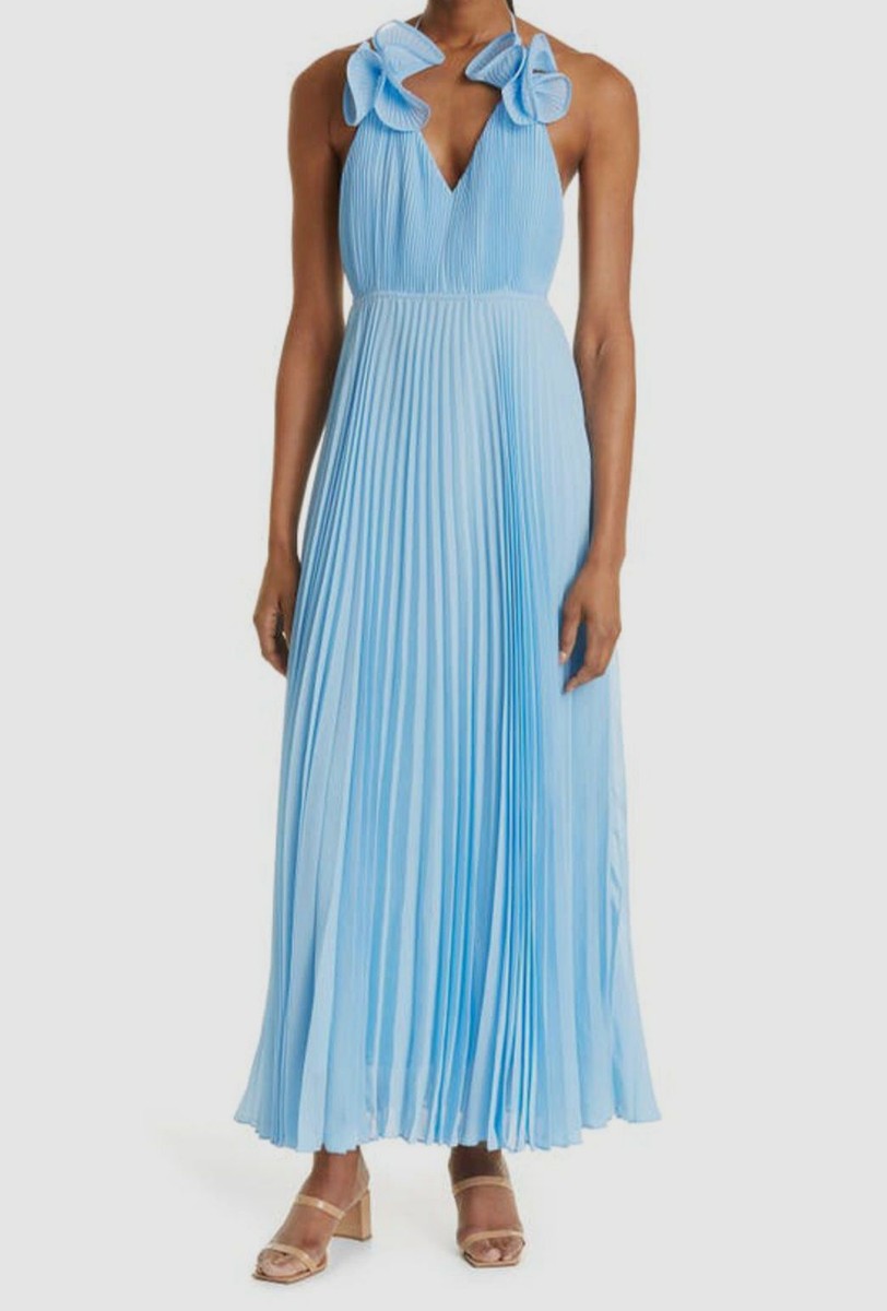 blue pleated halter dress Wenden Halter Neck Pleated Midi Dress COBALT / XS by Sugarlips