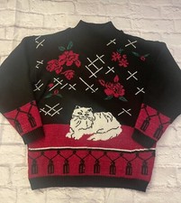 Vintage Cat Sitting Black Sweater Made in USA Spunky Womens Size M READ