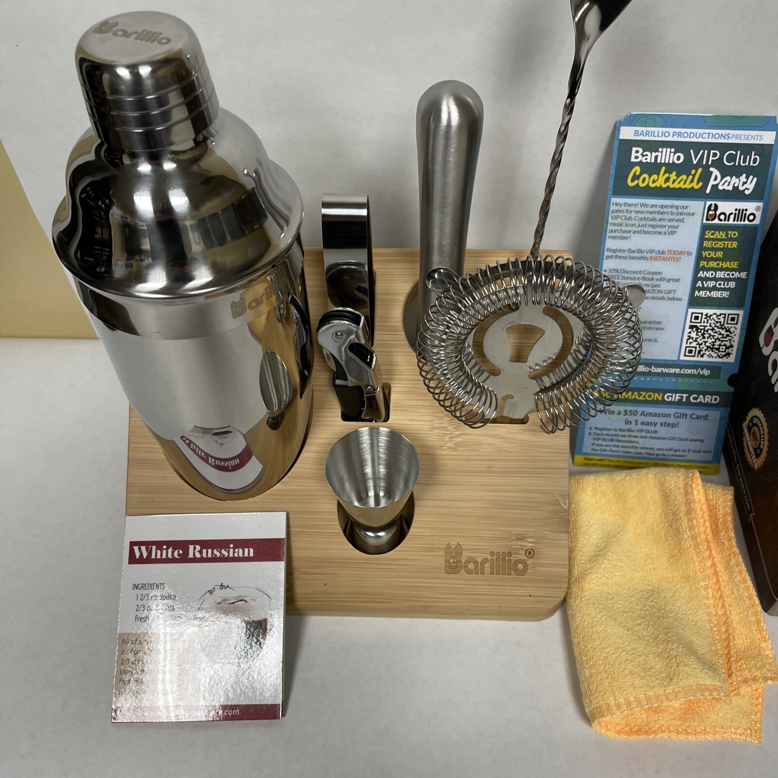 Barillio 10-Piece Mixology Bartender Kit w/ Bamboo Stand Silver Stainless Steel