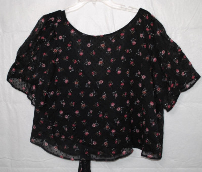 LOFT Black Floral Top XL, Flattering Flutter Sleeves Cropped Tie Back Lined
