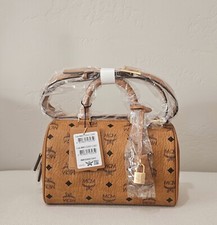 MCM Ella Boston Small Bag in Visetos - Cognac...