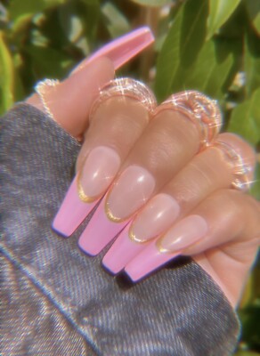 Press On Nails Pink French Tip With Gold Outline Ebay
