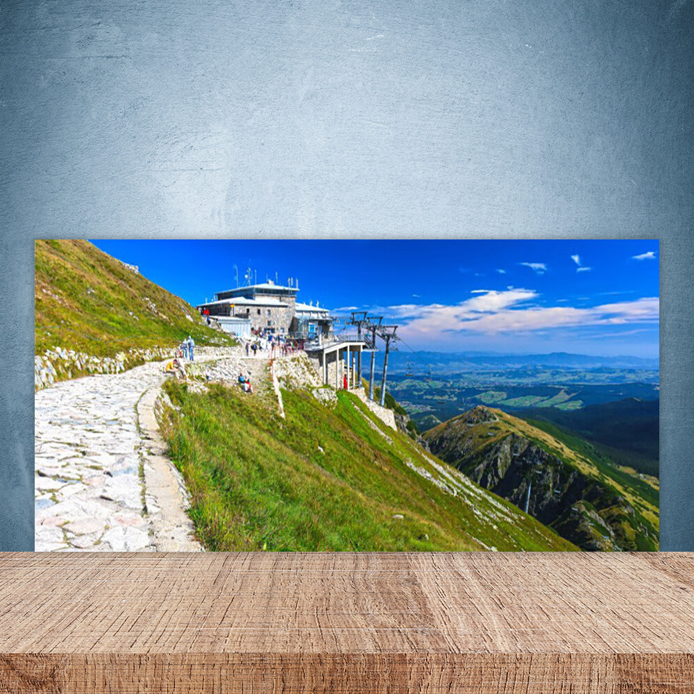 Paroi de cuisine en verre 100x50 au design chemin de montagne pour s'évader en cuisinant