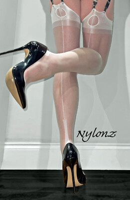 NYLONZ Fully Fashioned ''Style'' Cuban Heel Stockings - ICE WHITE