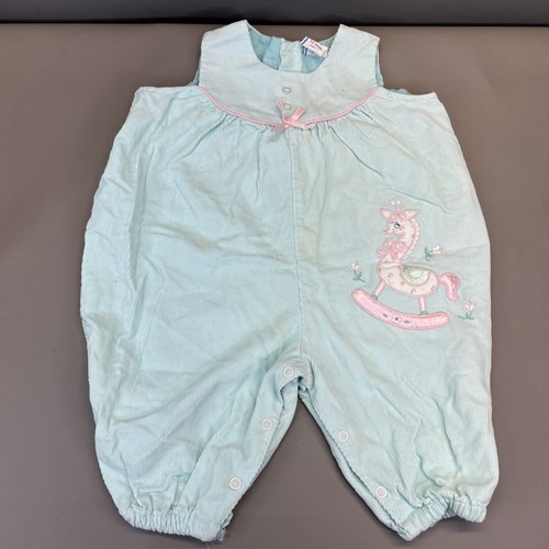 Baby Girl 6-9 Mo Blue Bubble Corduroy Romper Overalls Embroidered Vintage