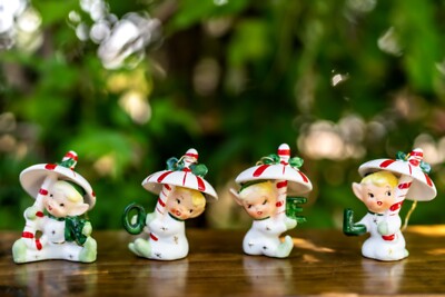 Vtg MCM 1960 Napco Pixie Candy Cane NOEL Umbrella Letter Ornaments