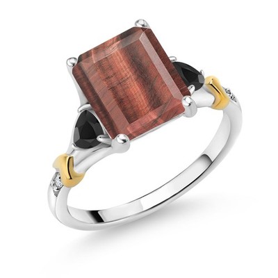 3.26 Ct Emerald Cut Red Tiger Eye Black Onyx 925 Sterling Silver Diamond Ring