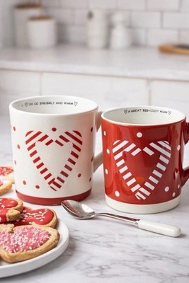 2er Set Rot & Weiß Herz Kaffeetassen - Niedliche Kuschel Keramik Teetassen Geschenkset
