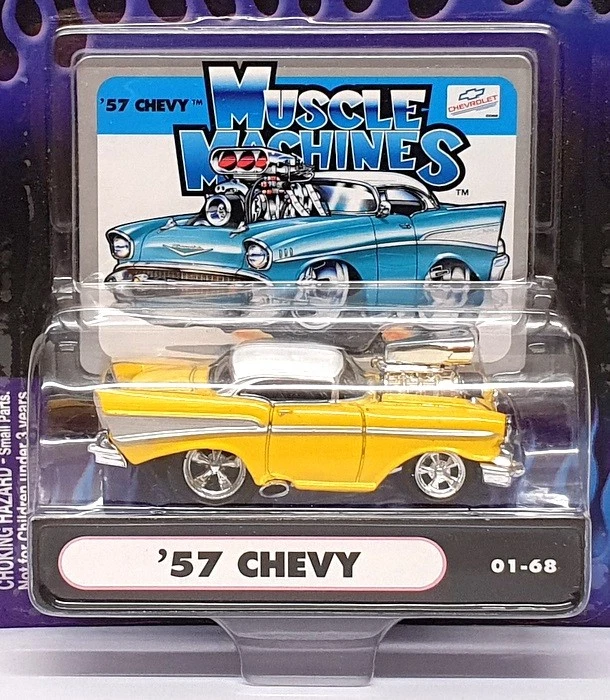 Muscle Machines 1/64 Scale 71161 01-68 - 1957 Chevrolet Chevy - Yellow/White - Image 4 of 4