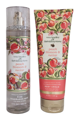 2 NEW Bath & Body Works Peach Blossom & Nectar Body Cream + Body Mist, 8 OZ