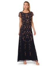 Adrianna Papell Beaded Blouson Long Dress Navy RoseGold 14 | MSRP $179
