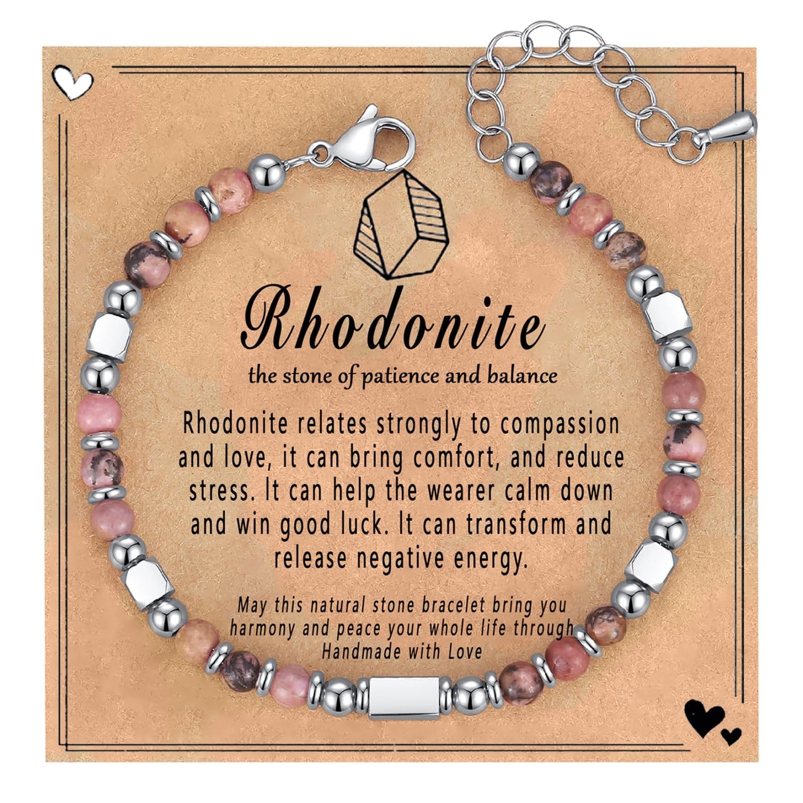 Rhodonite Healing Stone Silver Stainless Steel Tennis Bracelet for Women