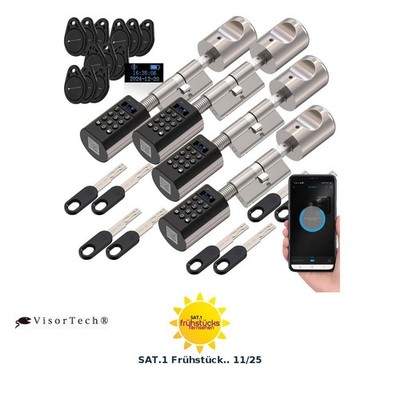 VisorTech 4er-Set elektronische Tür-Schließzylinder, Display, Code, Transponder