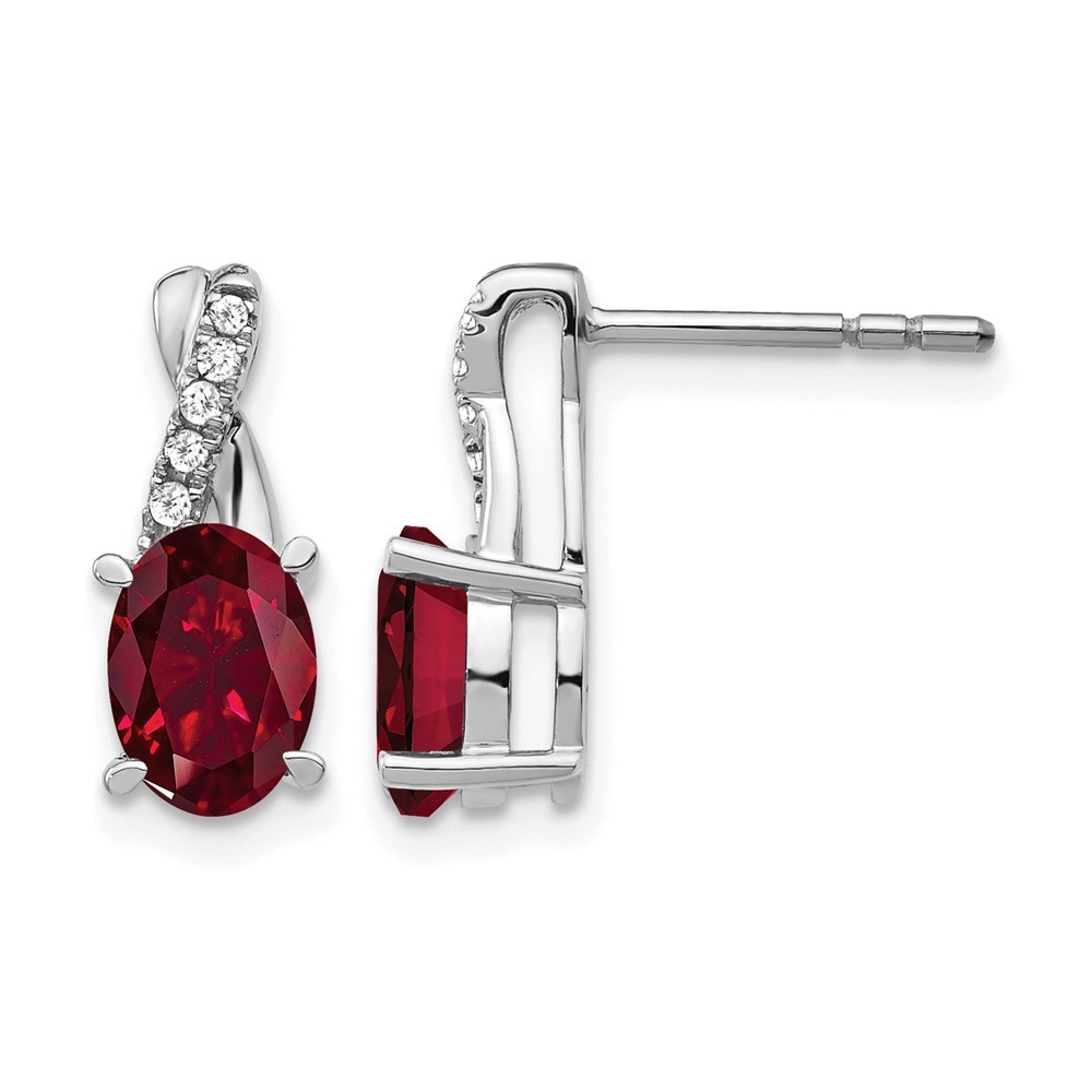 14k White Gold 7x5mm Oval Ruby and Diamond Post Drop & Dangle Earrings