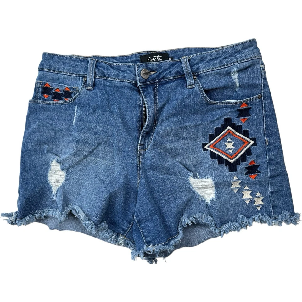 Pantalones Cortos Nanette Lepore Mujer 12 Bordados Distress Denim Southwesern Boho Azteca Foto 4 de 4