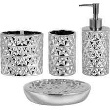 Silver Bathroom Accessories Set, 4 Piece Ceramic Bath Accessory Sets Complete...