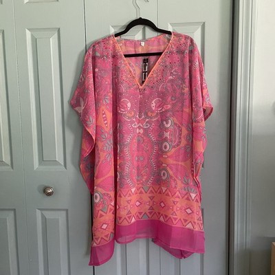 Bijoux Terner Womens Swim Cover Gems Embellished Pink Boho Hippie Kimono