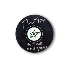 Roope Hintz Autographed Dallas Stars Hockey Puck Inscribed 1st NHL Goal
