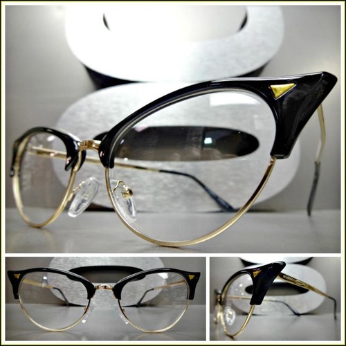 Clásico Retro Gato Ojo Estilo Lente Transparente Gafas Único en Punta Negro  Oro | eBay