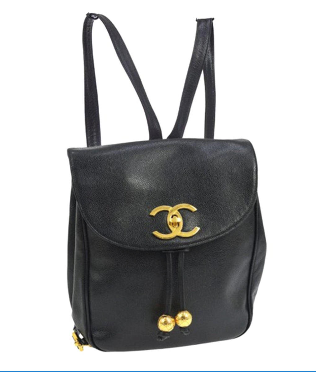 Chanel Black Caviar Backpack Vintage 2 Pocket Ball Charm CC 