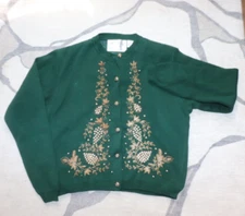 Women’s Beaded Emerald Green Cardigan Eagles Eye Sweater 1996 Holiday Large FLAW