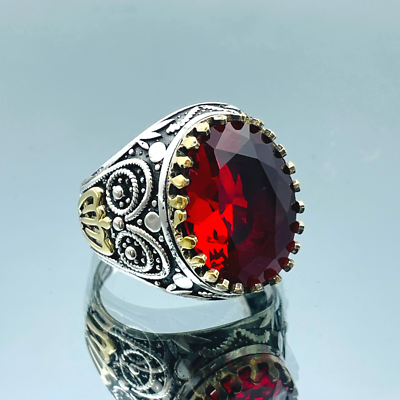 Men's Simulated Ruby Red 925 Sterling Silver Ring Handmade Gift