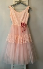 Vtg Women's 50s Pink Tulle  Lace Formal Gown 1950s Prom Dress S - 26  Waist