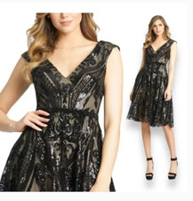 MAC DUGGAL 67514 SEQUINED BLACK/NUDE MIDI LACE DRESS  sz 6