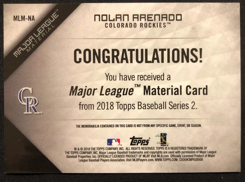 2018 Topps Series 2 Baseball Nolan Arenado SP #d 20/99 MLB Material Card #MLM-NA - Image 2 of 2