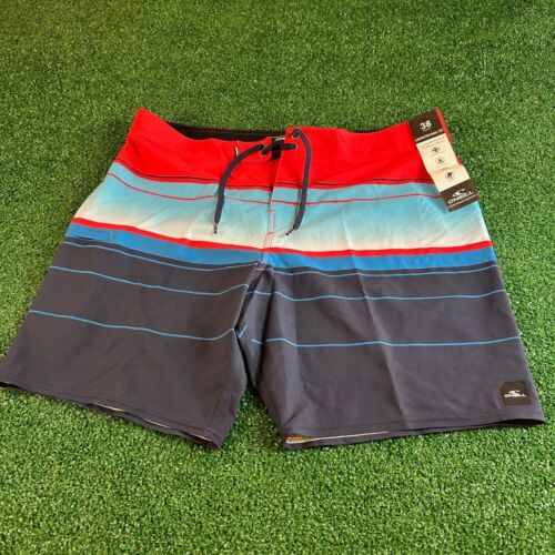 O'Neill Hyperfreak Stretch Board Shorts Swim Trunks Striped Red Blue Mens 38"