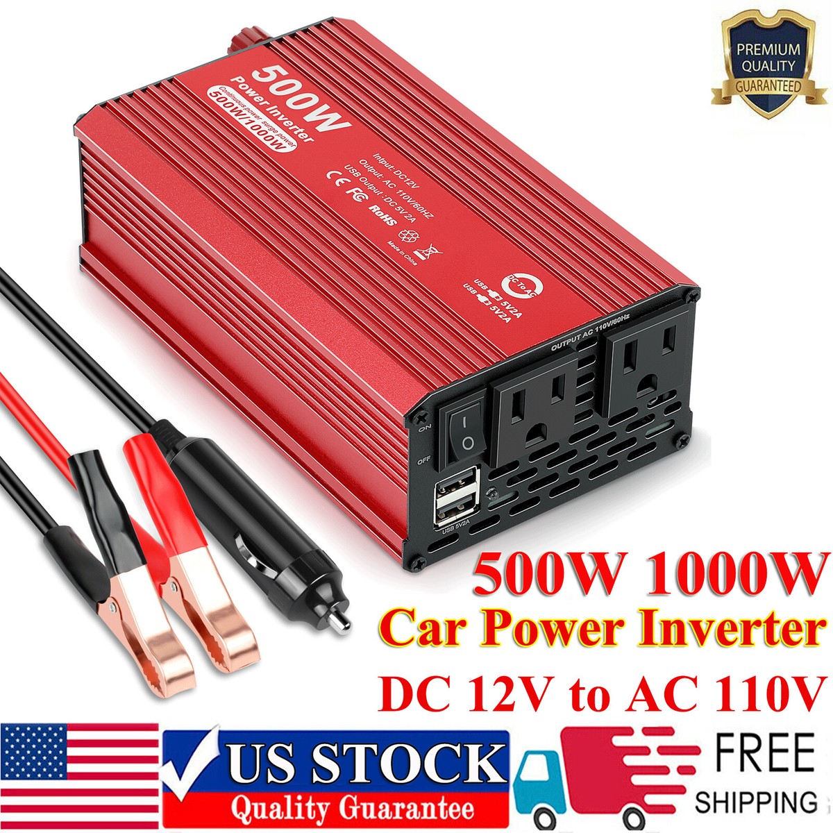 500W 1000W Auto Car Power Inverter DC 12V to AC 110V Plug Truck RV 