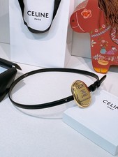Celine Triomphe Women's Black Leather Belt with gold buckle