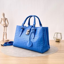 Bottega Veneta Intrecciato Roma Leather Tote Bag Blue Lambskin Auth