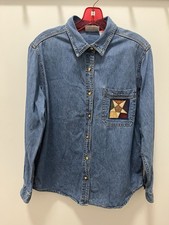 Upcycled Handmade Women’s Denim Shirt with Autumn Hand Stitched Decals
