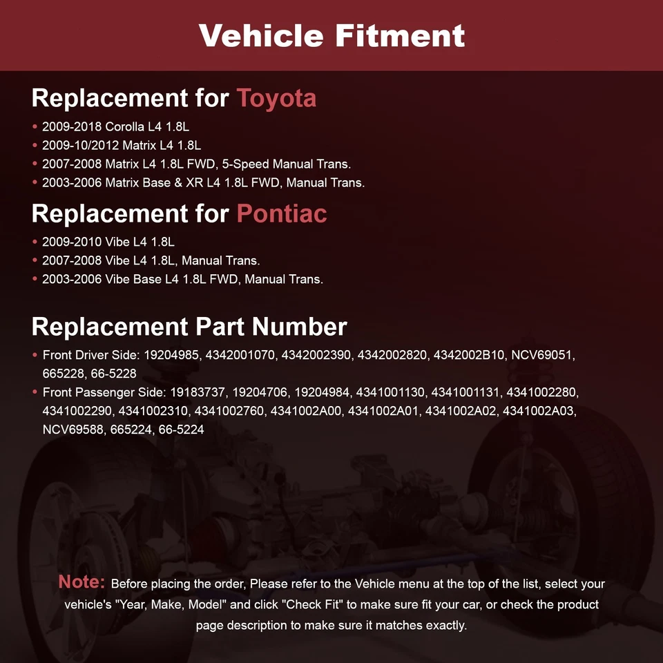 Eje delantero izquierdo derecho CV para Pontiac Vibe 2003-2010 Toyota Matrix 2003-2012 Foto 2 de 4