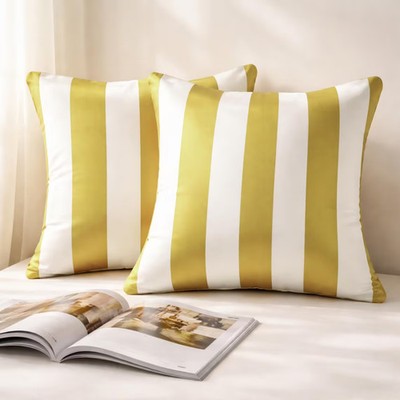 The HomeCentric Set of 2 Throw Pillow Cover Satin Striped- Chartreuse Vertical