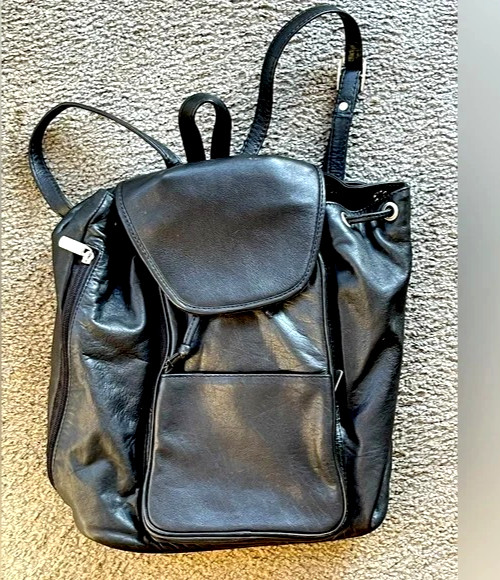 Black Bucket Backpack Drawstring Pockets Soft Fau… - image 1