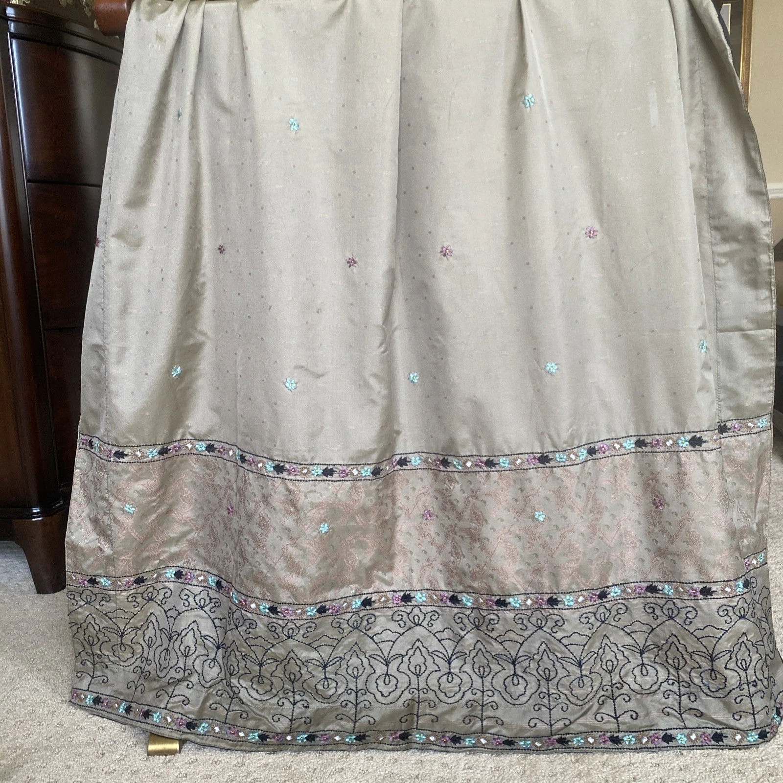 Vintage Green Silk Scarf Stole Artsy Boho Fairy Embroidered OOAK XXL 84x40"
