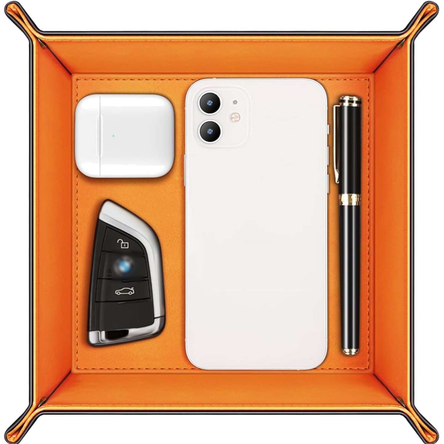 Plateau vide-poches de luxe en cuir noir et intérieur orange vif