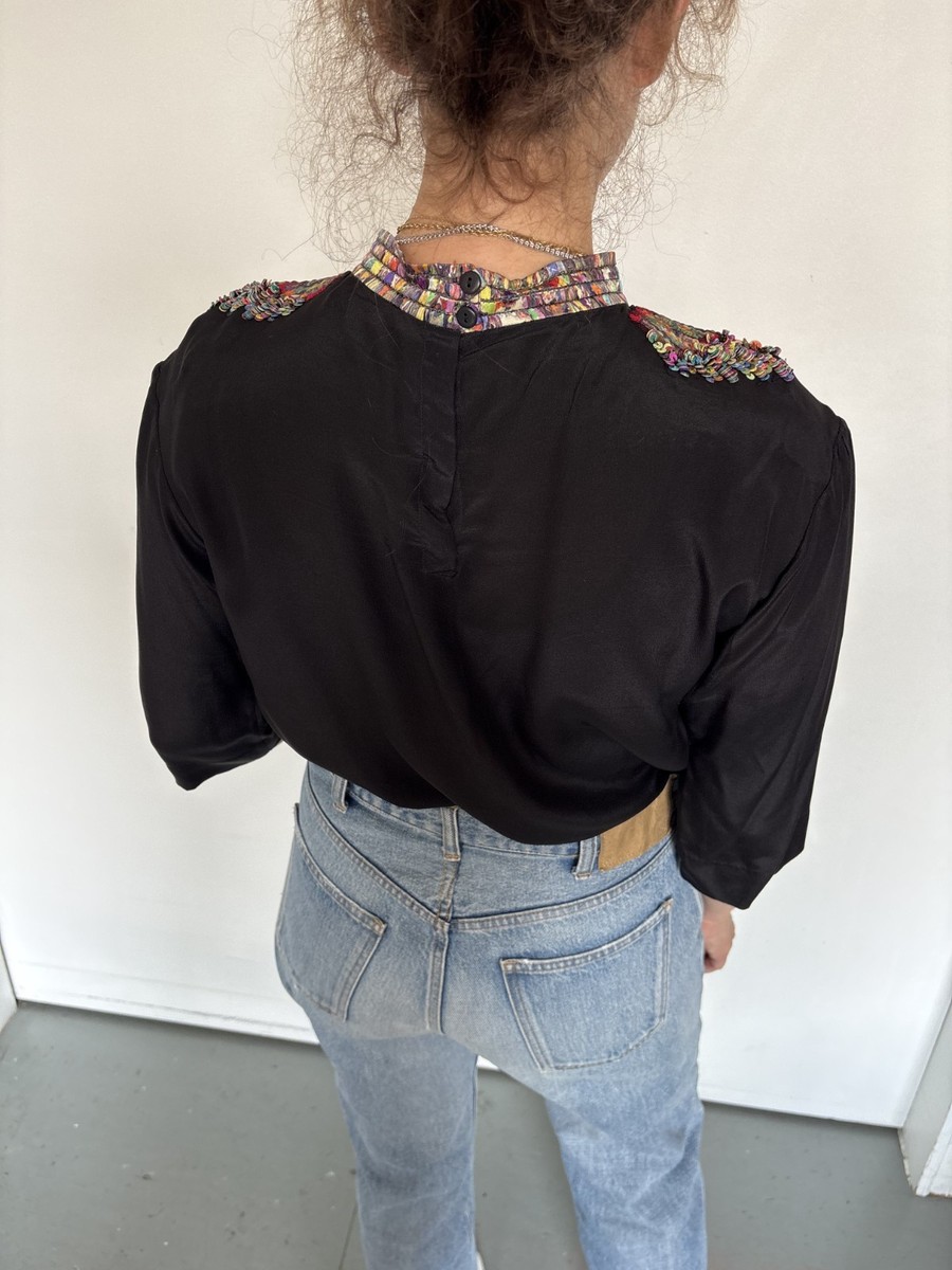 DRIES VAN NOTEN black silk blouse with sequin embroidery detail View 3