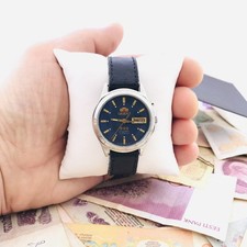 Vintage Orient Three Star Crystal 21J Automatic Watch Blue Dial Day-Date Service