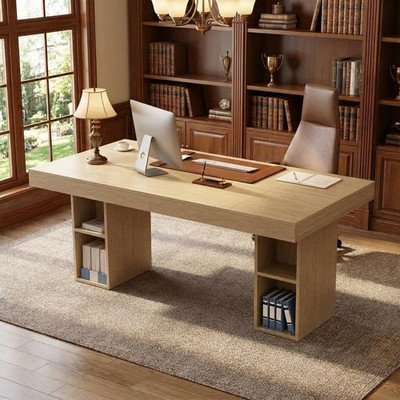 71  Executive Desk with Cabinet Storage, Farmhouse Home Office Desk, Wooden Comp